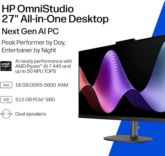 HP OmniStudio 27 inch All-in-One Desktop Next Gen AI PC, FHD Display, AMD Ryzen AI 7 445, 16 GB RAM, 512 GB SSD, AMD Radeon 840M Graphics, Windows 11 Home, Jet Black, 27-cw0102 (2026)