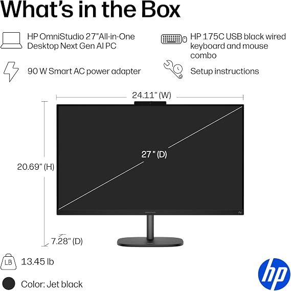 HP OmniStudio 27 inch All-in-One Desktop Next Gen AI PC, FHD Display, AMD Ryzen AI 7 445, 16 GB RAM, 512 GB SSD, AMD Radeon 840M Graphics, Windows 11 Home, Jet Black, 27-cw0102 (2026)