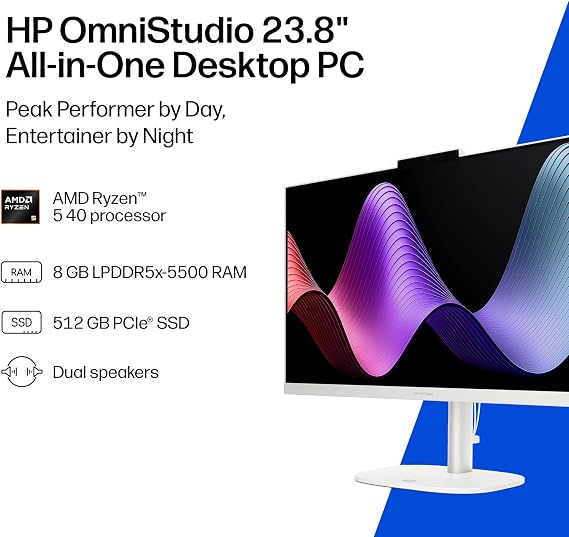 HP OmniStudio 23.8 inch All-in-One Desktop PC, FHD Display, AMD Ryzen 5 40, 8 GB RAM, 512 GB SSD, AMD Radeon Graphics, Windows 11 Home, Cotton White, 24-cv0002 (2026)