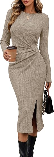 OFEEFAN Long Sleeve Dress for Women Fall Wedding Guest Dress Sweater Dress