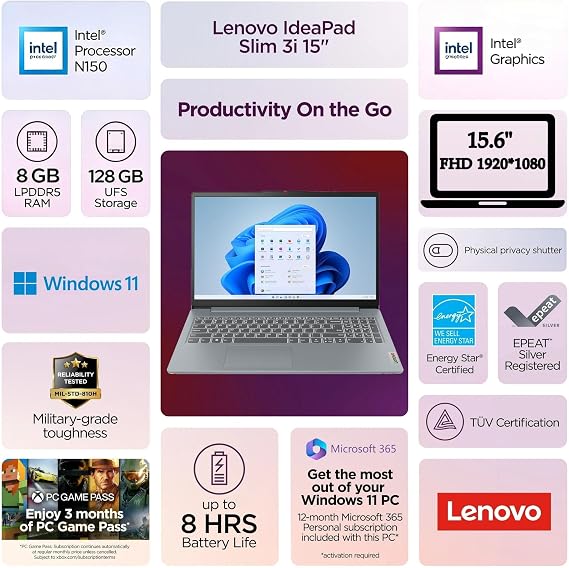 Lenovo 15.6" FHD Essential Laptop, Intel Processor, 8GB DDR5, 128GB Storage