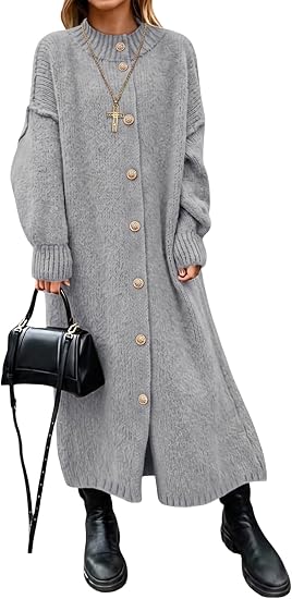 Wenrine Womens Long Cardigan Sweater Dress Oversized Long Sleeve Midi Dress Knit, Button Down, Fall Winter, Cute Outfits