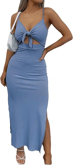 LYANER Women's Tie Knot Cut Out Sexy Maxi Dress Summer Cut Out Side Split Sleeveless Knit Bodycon Vacation Long Sundress