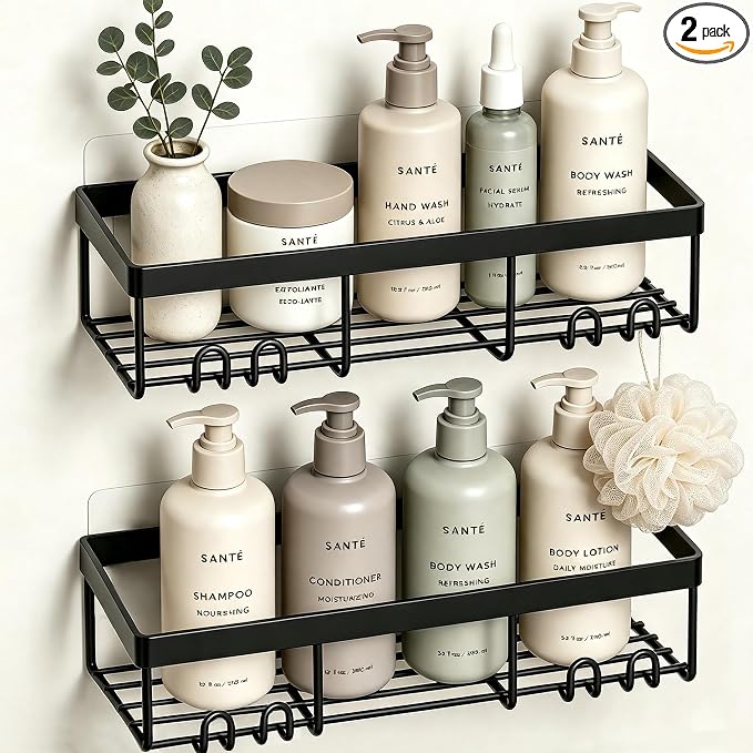 Moforoco Shower Caddy Shelf Organizer Rack, Self Adhesive Black Bathroom Shelves Basket, Home Farmhouse Wall Inside Organization and Storage Decor Rv Accessories, First Camper Apartment Essentials