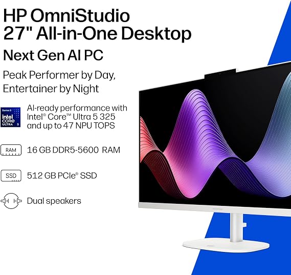 HP OmniStudio 27 inch All-in-One Desktop Next Gen AI PC, FHD Display, Intel Core Ultra 5 325, 16 GB RAM, 512 GB SSD, Intel Graphics, Windows 11 Home, Jet Black, 27-cy0002 (2026)